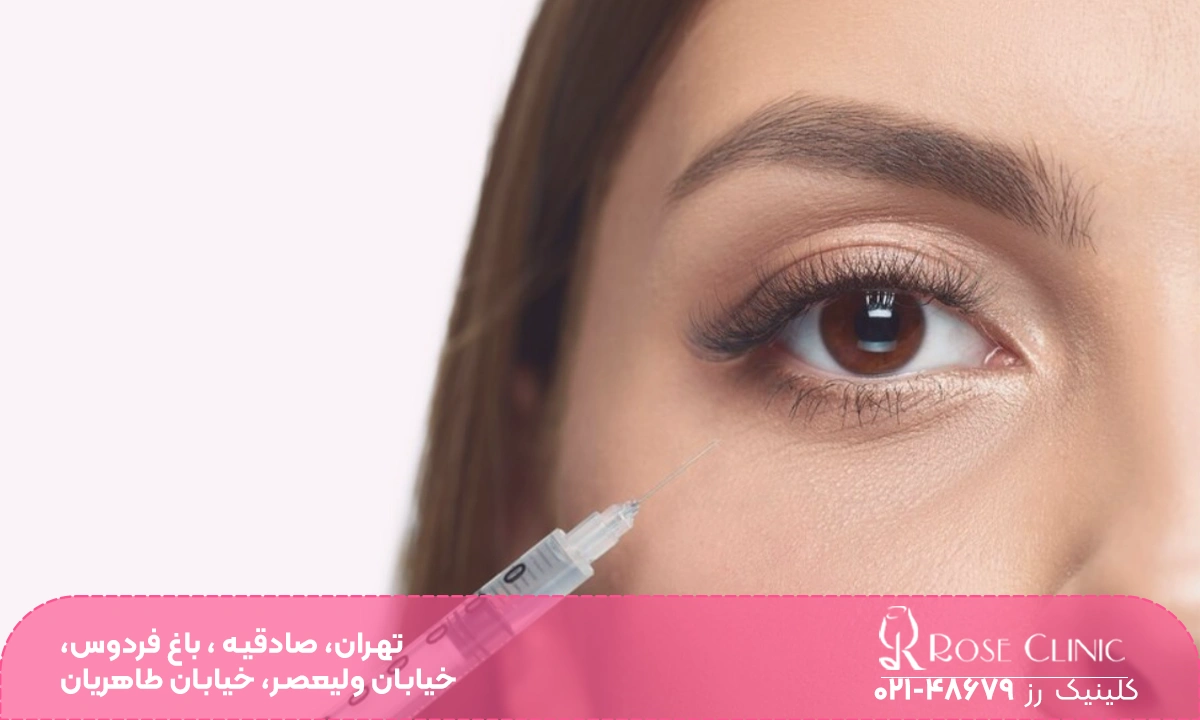 عکس نزدیک از چشم یک دختر که زیر آن یک سرنگ نگه داشته شده است