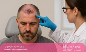 پزشک در حال بررسی نکروز پس از کاشت مو در مردی میانسال