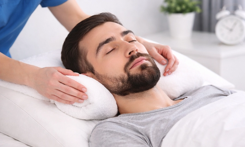 خوابیدن بعد از کاشت ابرو  به صورت درست یک آقا