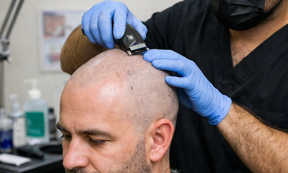 متقاضی در حال کچل کردن برای عمل کاشت مو